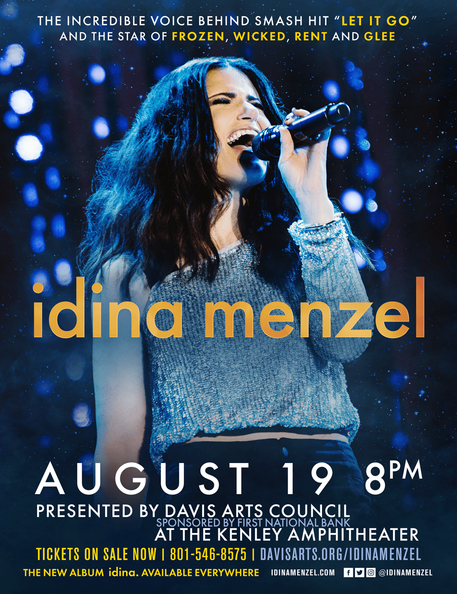 Idina Menzel one night only at The Kenley in Layton; August 19 at 8pm sponsored by First National Bank of Layton; Tickets on sale May 2 at 10AM at tickets.davisarts.org